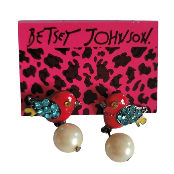 Vintage Betsey Johnson Bird Drop Earrings Faux‎ Pearl Rhinestone Studs Post Fun - Picture 1 of 3